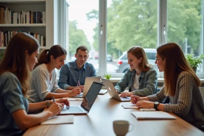 Jeunes adultes collaborant autour d'une table en formation