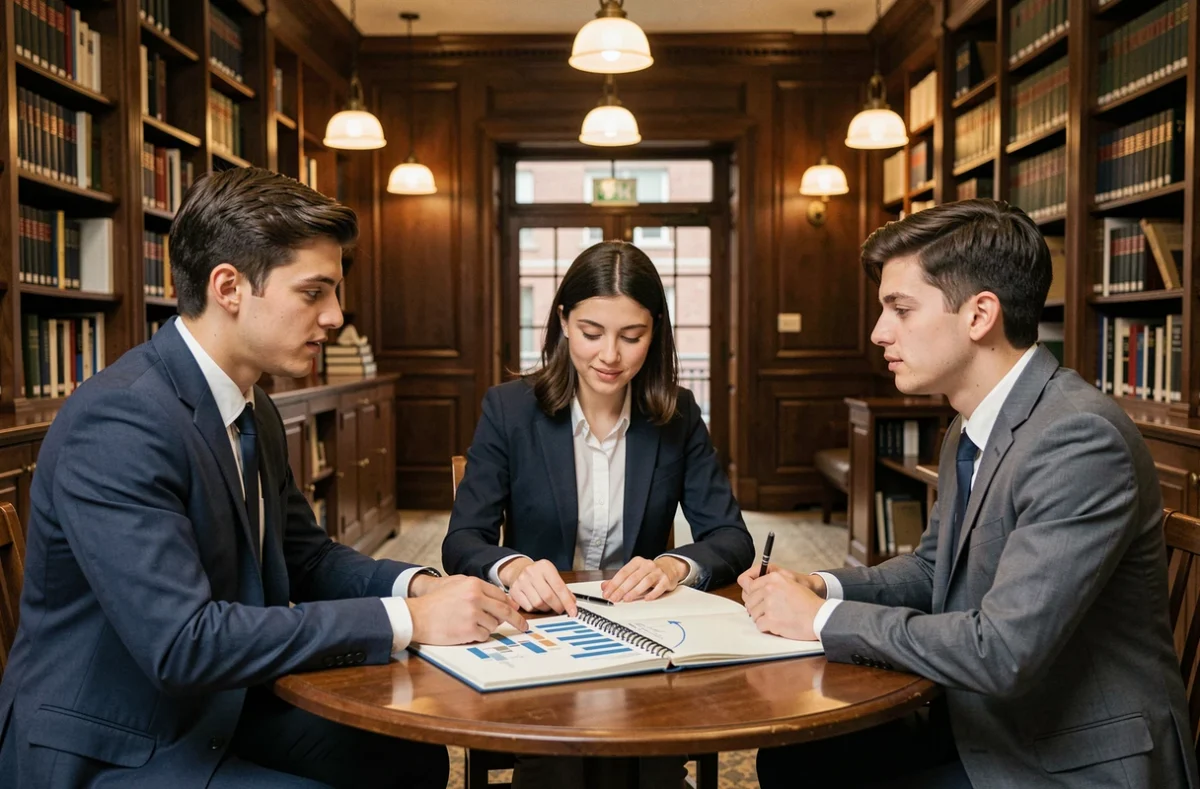 Étudiants en alternance travaillant en groupe dans la bibliothèque de HEC Paris, école de management