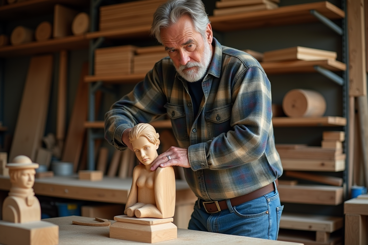 Homme de 55 ans sculpte du bois dans un atelier artisanal