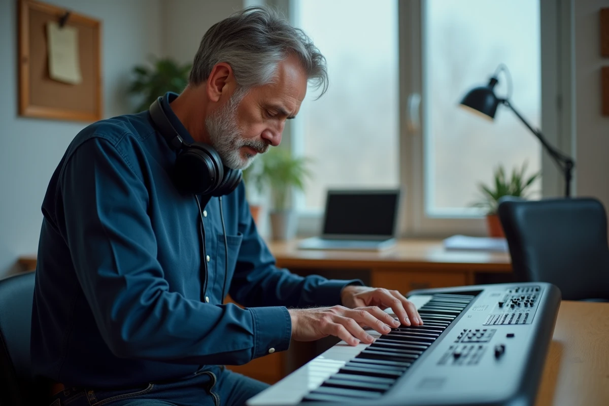 Homme adulte débutant qui apprend le piano numérique dans un bureau à domicile avec un casque autour du cou