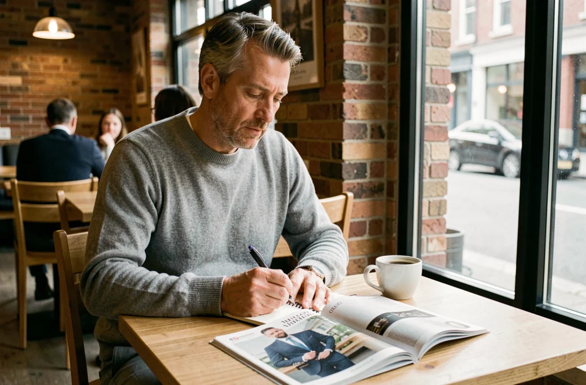 Homme d'affaires lisant un magazine de formation business dans un café urbain en prenant des notes