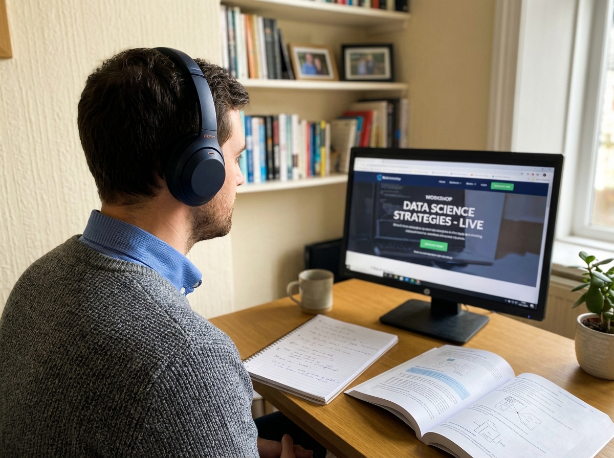 Homme jeune en casque écoute en formation en ligne à la maison