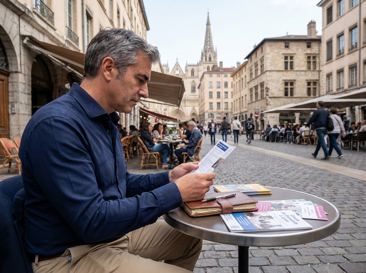 Homme lisant un flyer dans un café lyonnais