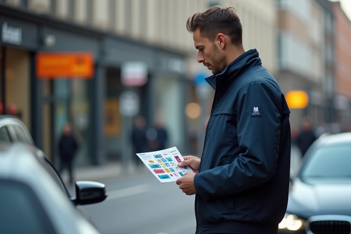 Homme consultant une carte mémo illustrée des règles du code de la route avant de conduire