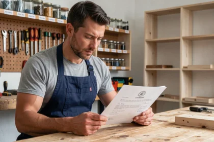 Homme en tablier de travail étudiant un document de certification bricolage dans un atelier domestique organisé