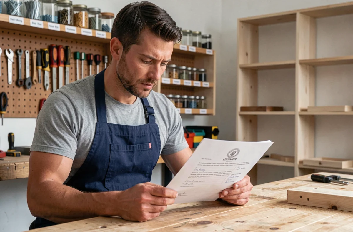 Homme en tablier de travail étudiant un document de certification bricolage dans un atelier domestique organisé