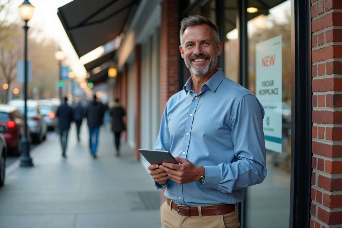 Homme souriant devant un magasin avec nouvelle enseigne