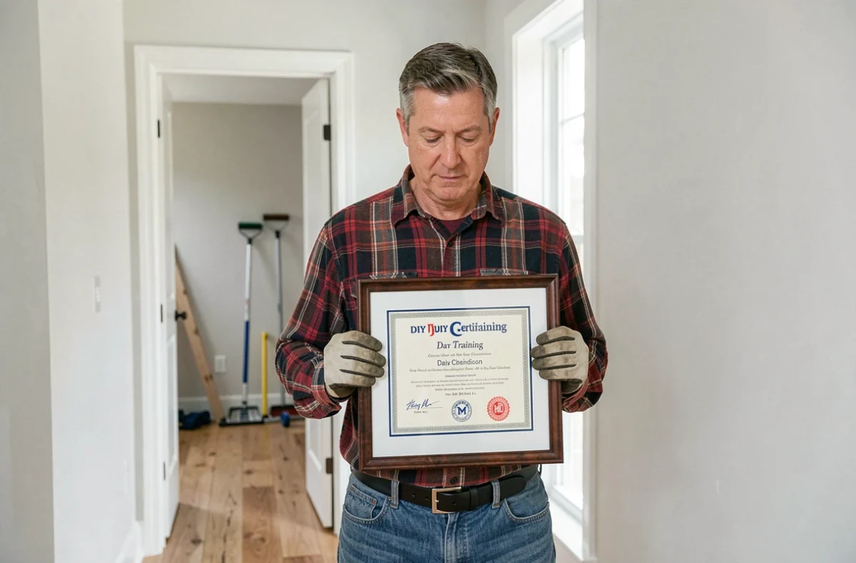 Homme tenant fièrement son diplôme de certification bricolage dans un couloir rénové