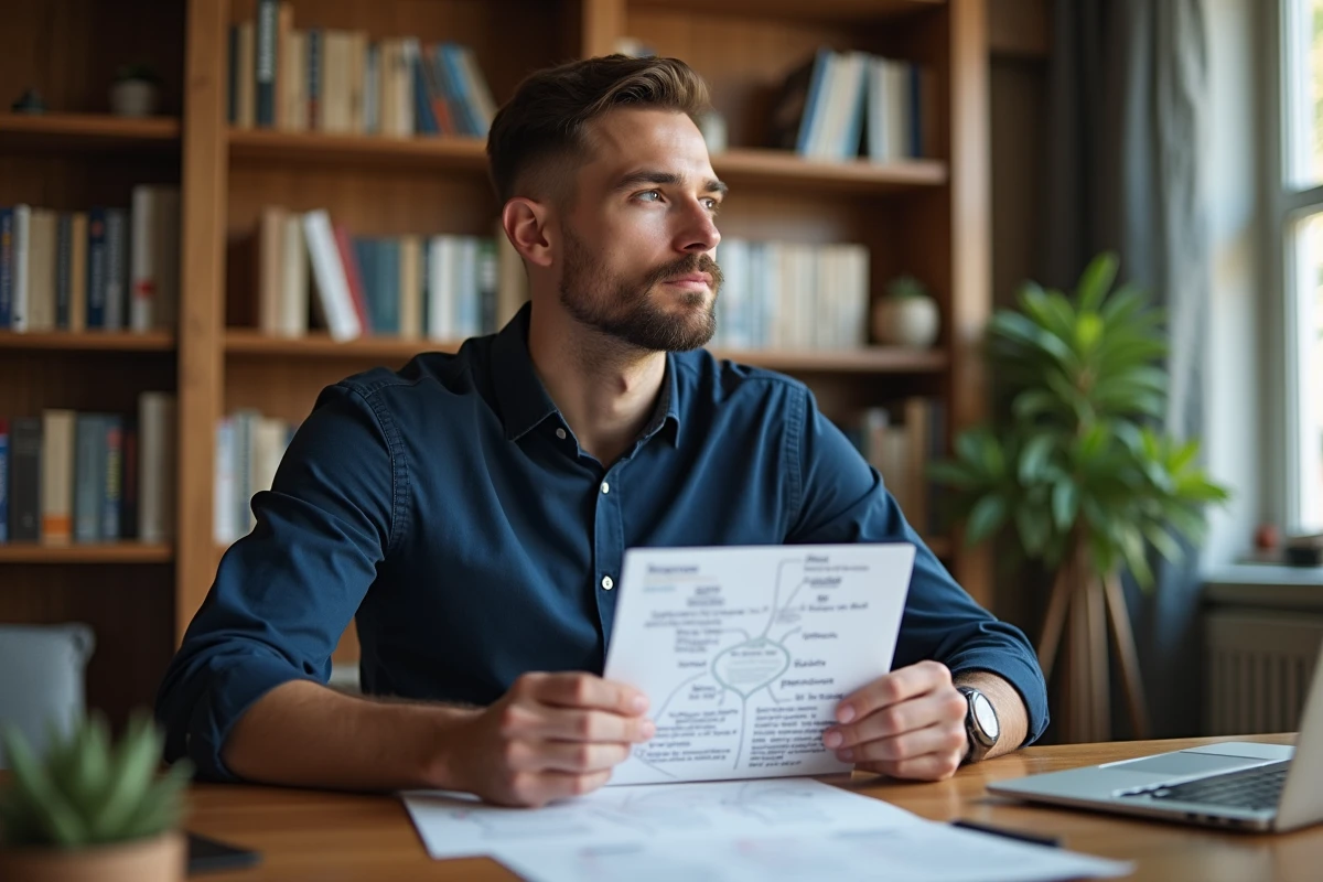 Homme étudiant un schéma des modalités sensorielles VAKOG pour comprendre la programmation neuro-linguistique PNL
