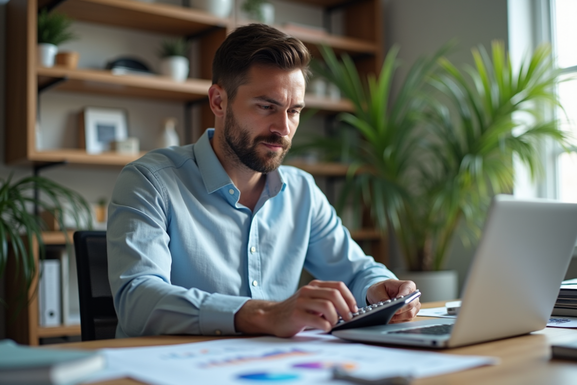 Homme d'affaires en bureau moderne analysant des documents financiers