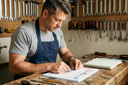 Un homme consultant un catalogue de formation au bricolage dans un atelier bien équipé