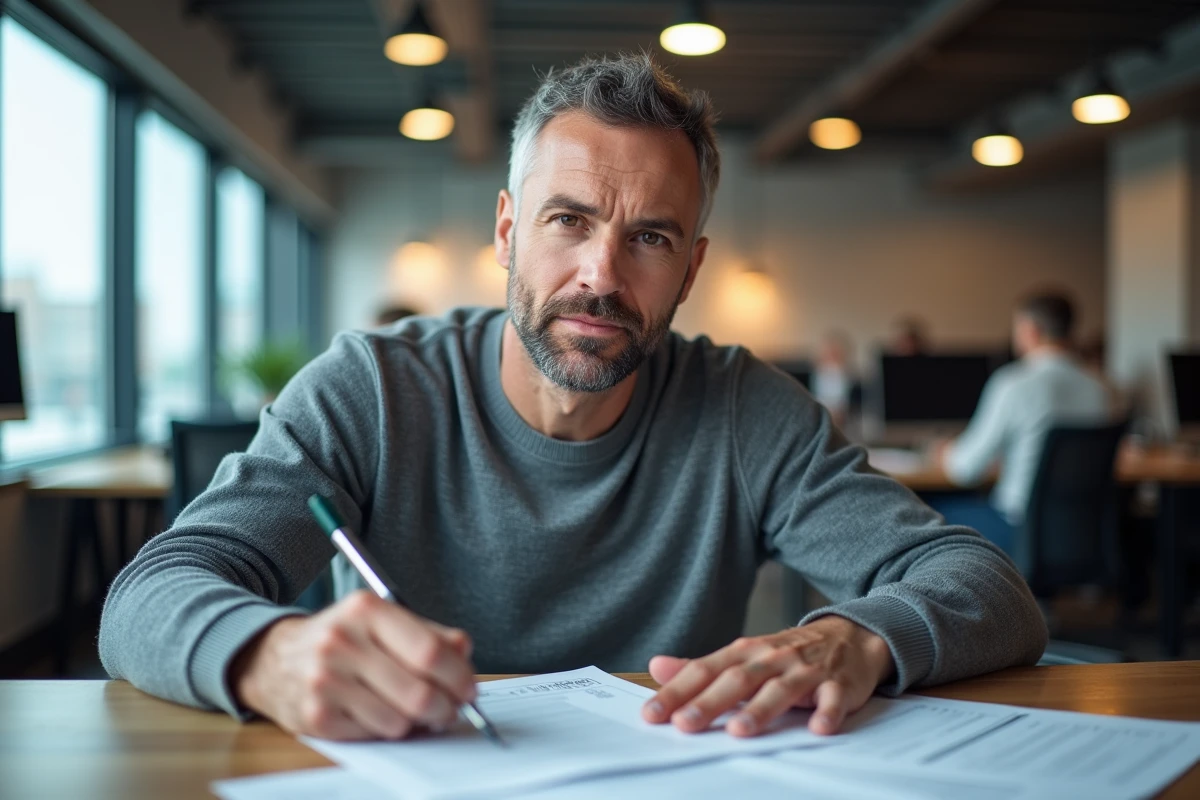 Homme remplissant un formulaire d'inscription Pôle emploi dans un espace de coworking