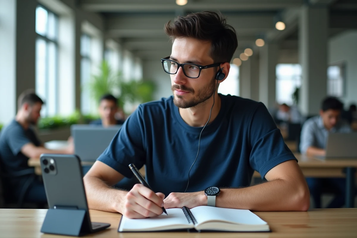 Homme concentré prenant des notes manuscrites lors d'un cours en ligne dans un espace de coworking moderne