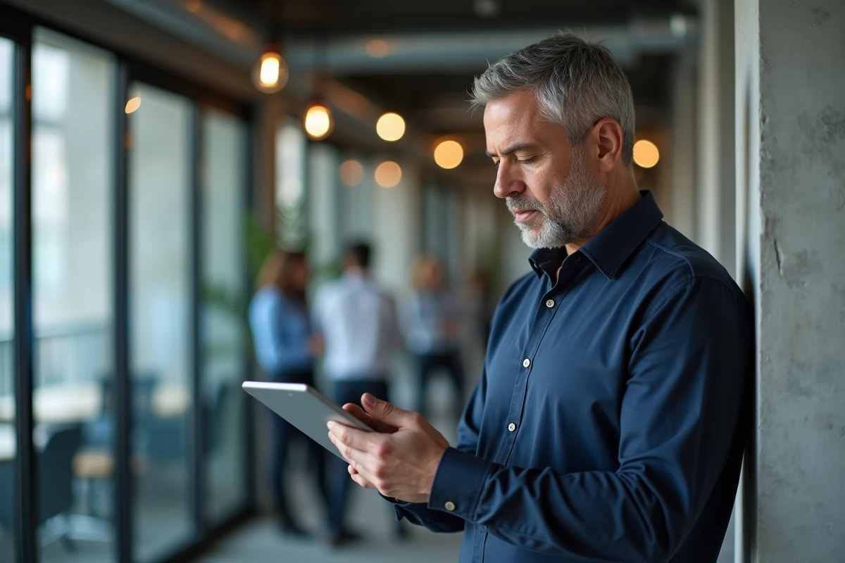 Homme consultant un tableau de progression personnelle sur tablette dans un espace de coworking moderne