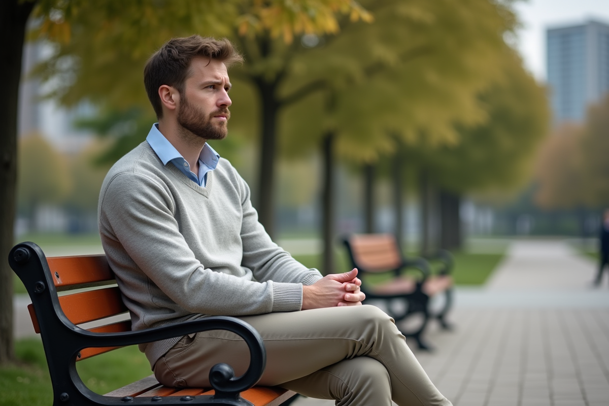 Homme assis sur un banc dans un parc urbain