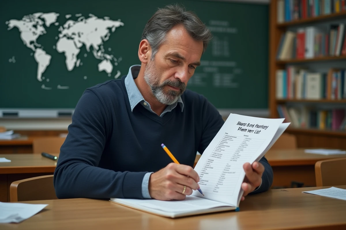 Homme en classe révisant une liste de verbes français