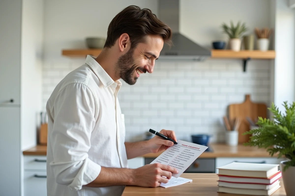 Homme adulte révisant un tableau de conjugaison espagnol dans sa cuisine moderne avec des fiches mémo