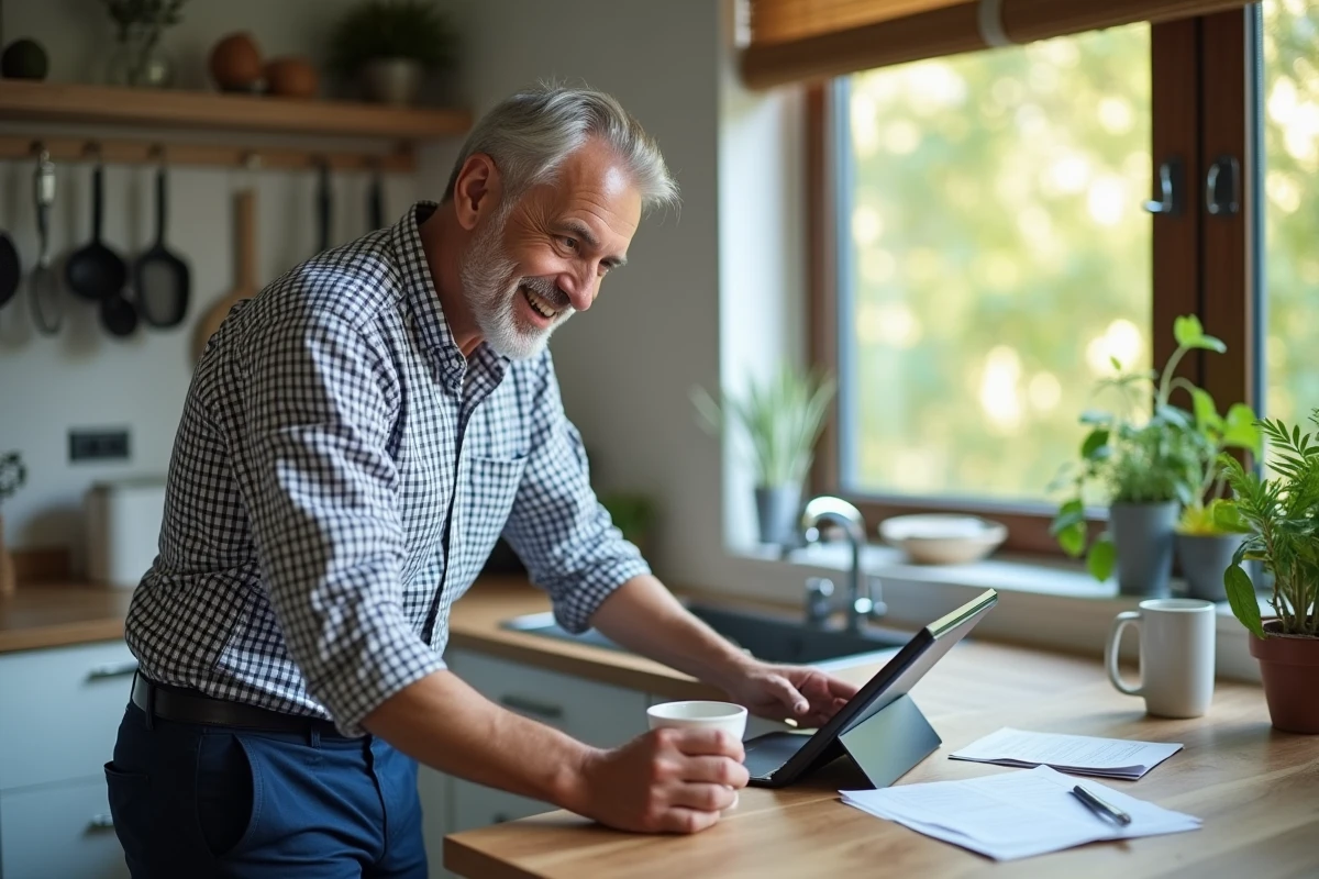 Homme souriant vérifiant ses résultats dans la cuisine