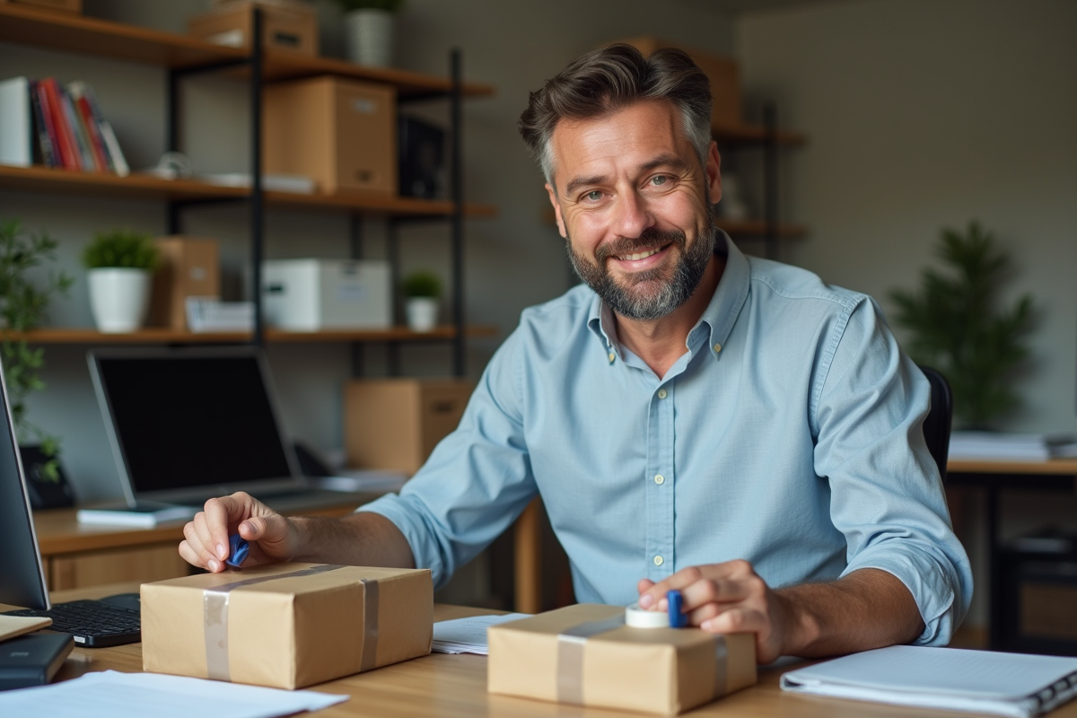 Homme au bureau scellant des colis avec satisfaction