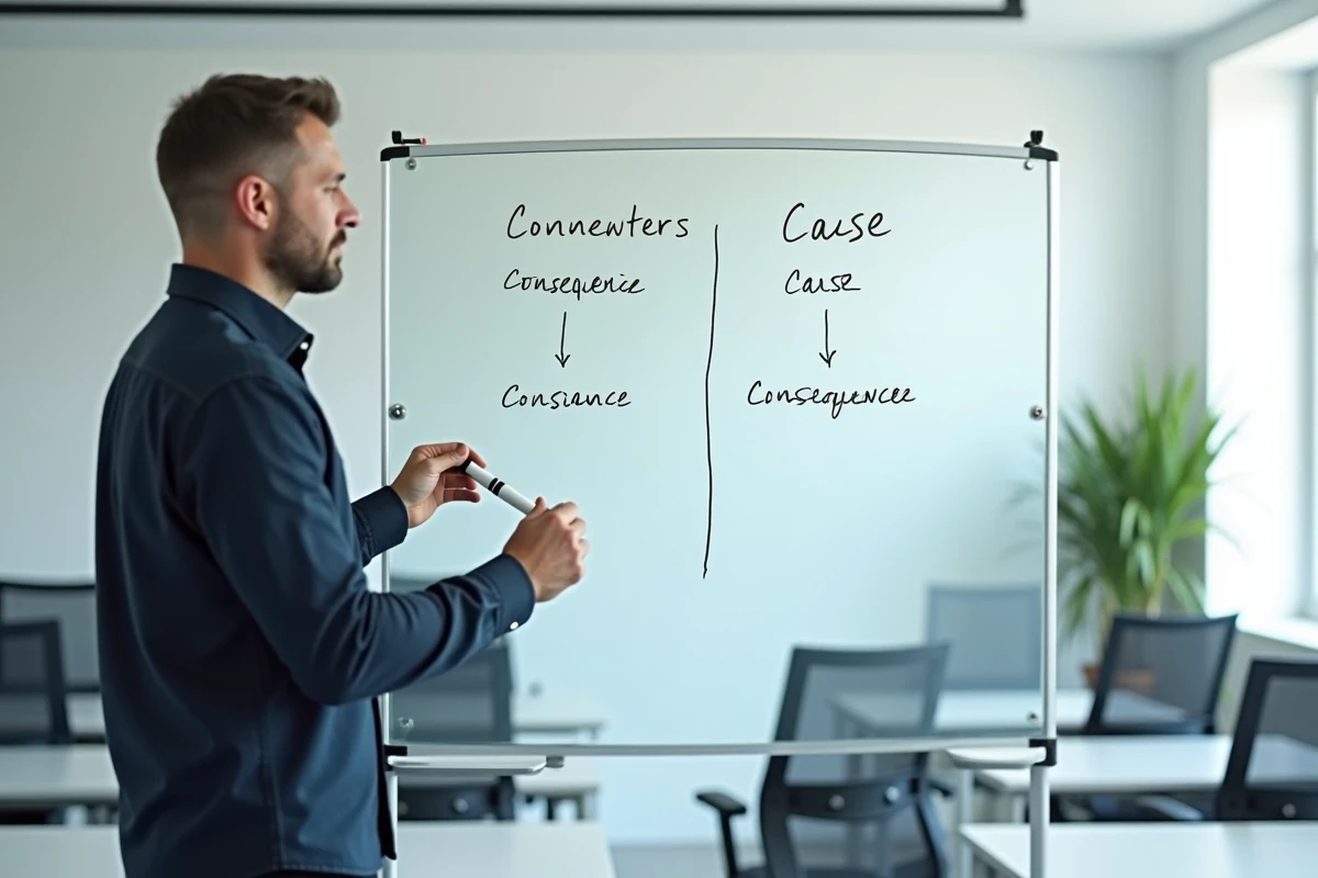 Homme écrivant une liste de connecteurs logiques au tableau blanc dans une salle de classe moderne