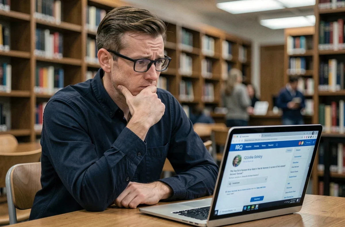 Homme avec lunettes passant un test de QI en ligne sur un ordinateur portable dans une bibliothèque