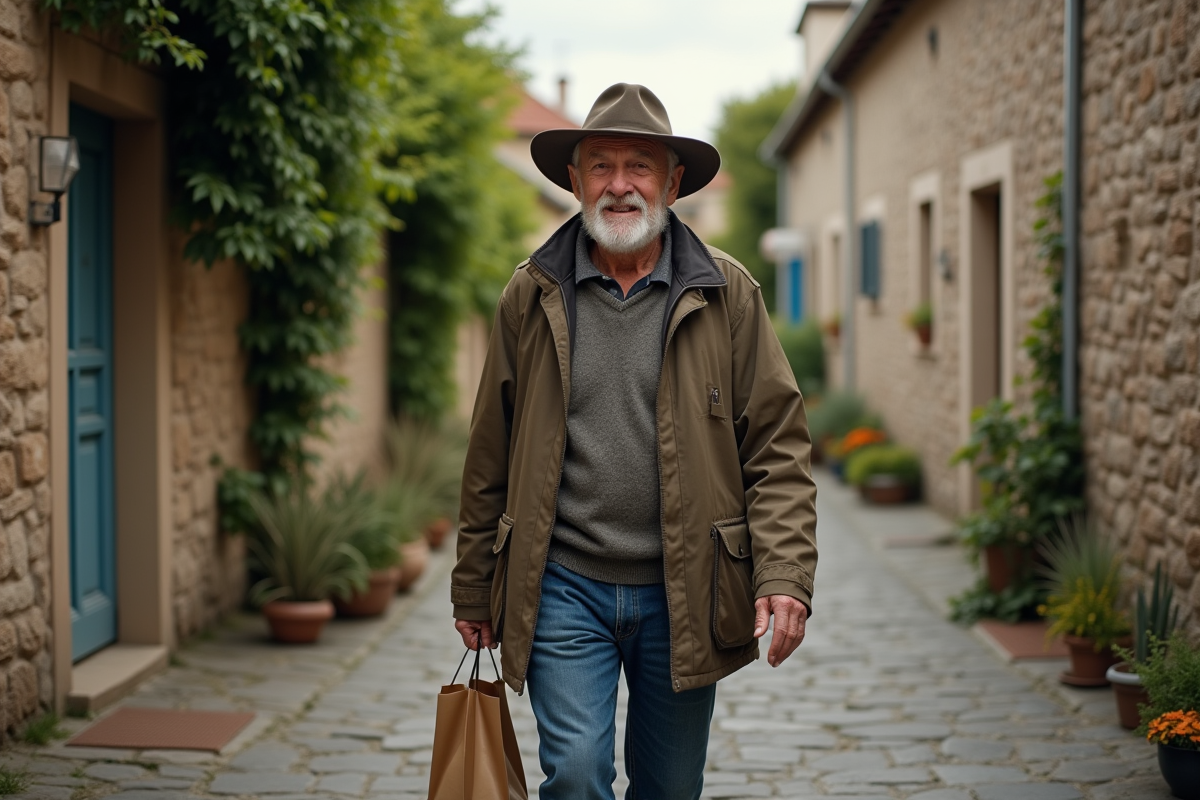 Homme âgé marchant dans un village rural avec sac réutilisable