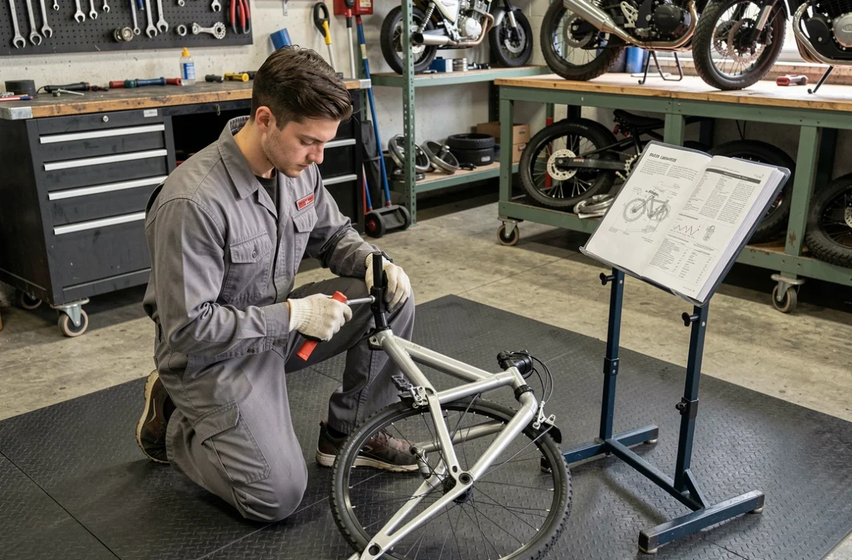 Apprenti mécanicien travaillant sur un cadre de vélo dans l'atelier de formation de l'INCM