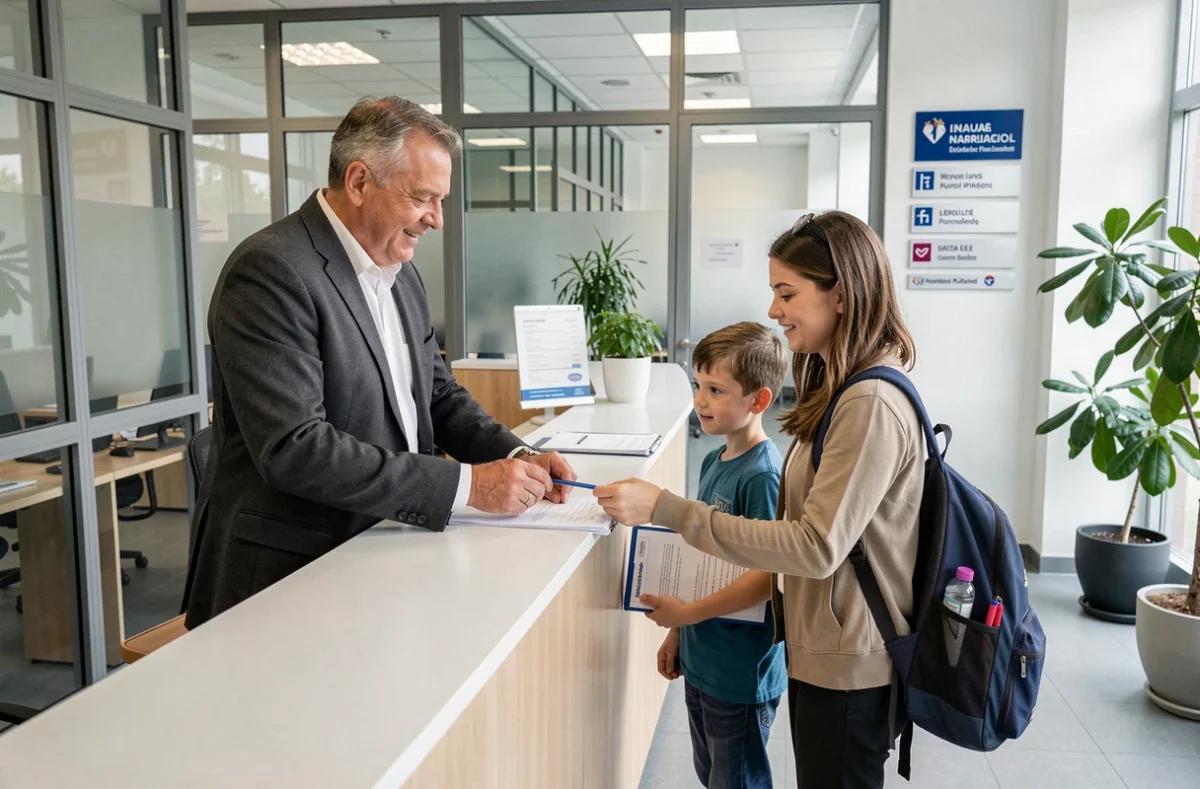 Administrateur scolaire accueillant une famille nouvellement arrivée dans l'académie de Versailles pour l'inscription d'un élève via le LSU