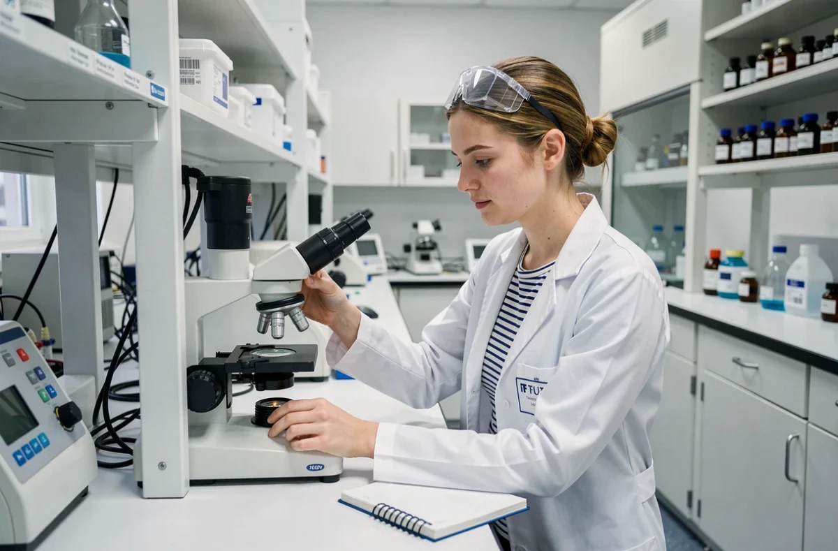 Étudiante en alternance en travaux pratiques dans un laboratoire scientifique à l'IUT de Tremblay-en-France