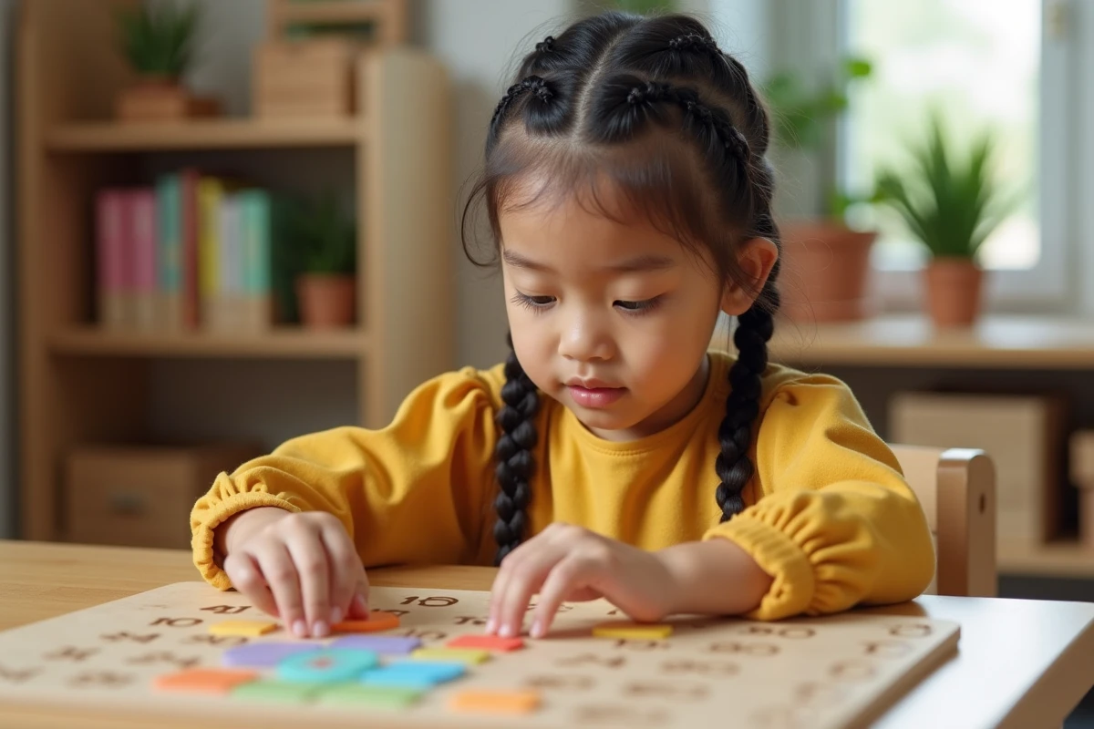 Jeune fille apprenant les tables de multiplication avec un jeu Montessori en bois coloré