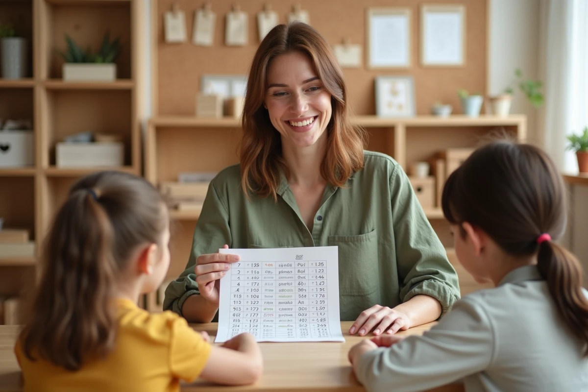 Enseignante Montessori présentant un jeu de tables de multiplication à des élèves en classe