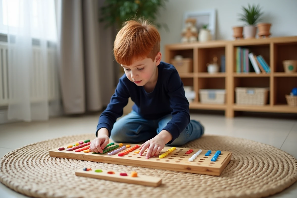Garçon utilisant un plateau de multiplication Montessori avec des perles colorées à la maison