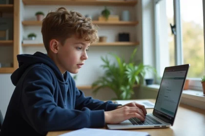 Adolescent en hoodie regardant son ordinateur à la maison