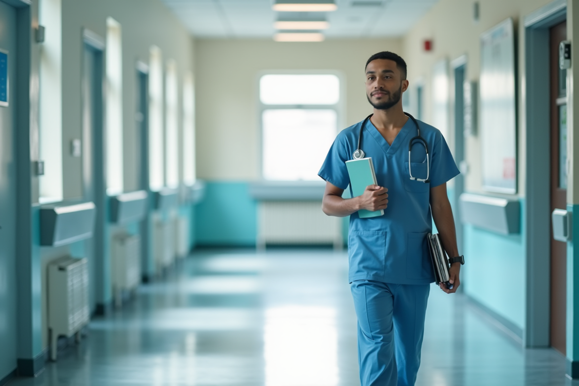 Jeune étudiant en médecine dans un hôpital lumineux