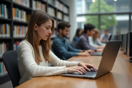 Jeune femme concentrée sur son ordinateur dans une bibliothèque universitaire