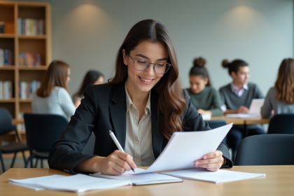 Jeune femme en bureau universitaire avec documents officiels