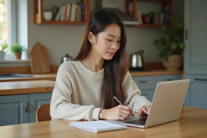 Jeune femme assise à une table de cuisine moderne avec un ordinateur
