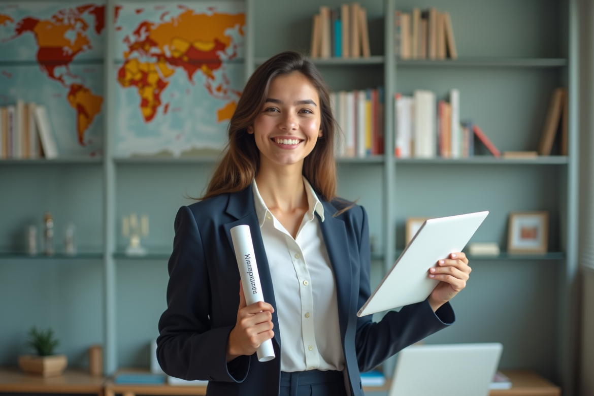 Jeune femme souriante avec diplôme en langues dans un bureau