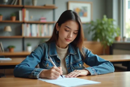 Jeune femme en étude dans une salle lumineuse