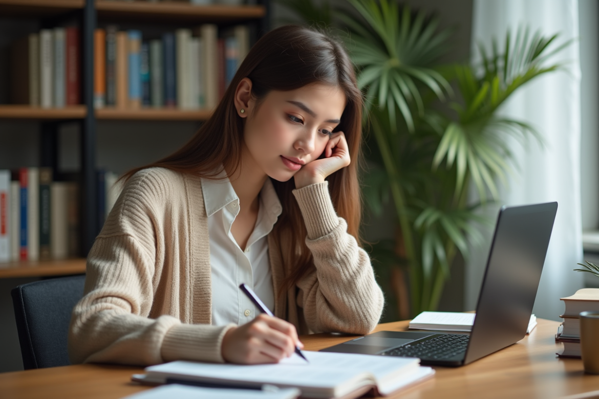Jeune femme concentrée à son bureau en étude