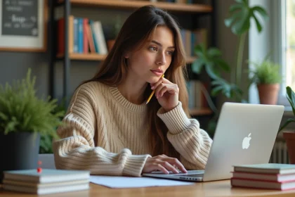 Jeune femme concentrée avec ordinateur et carnets