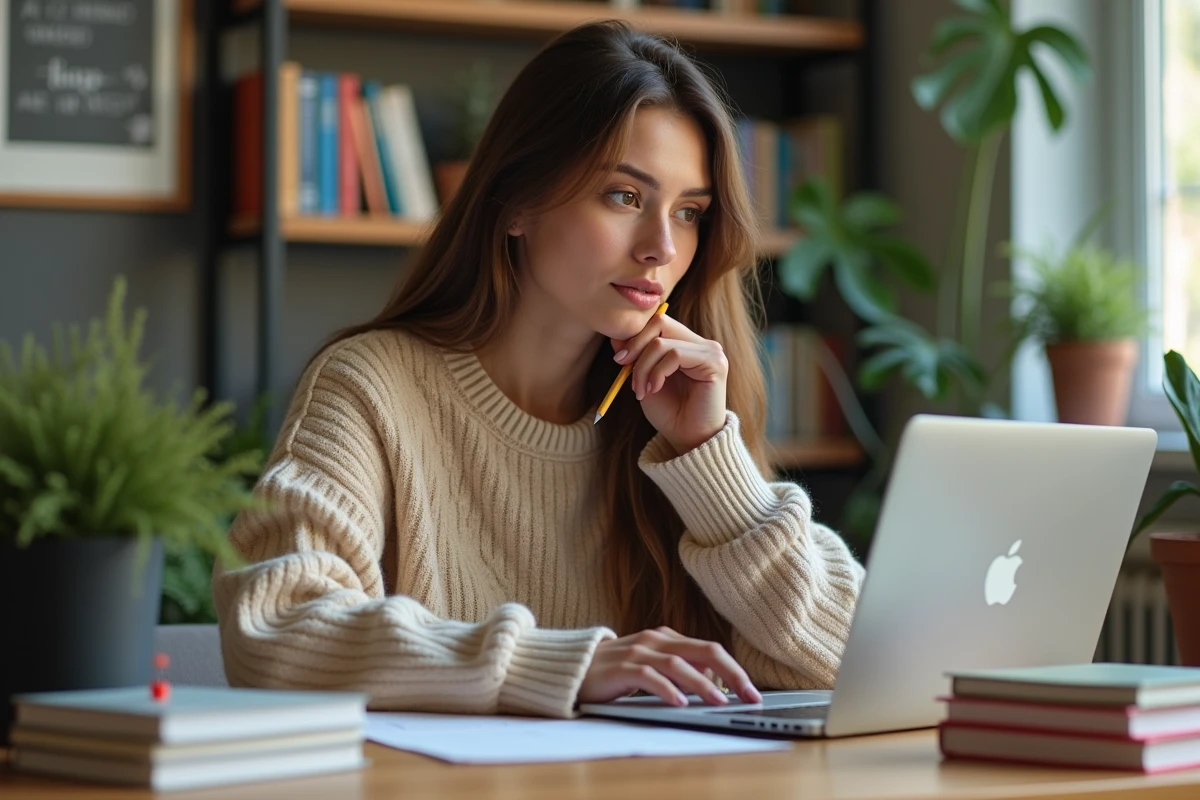 Jeune femme concentrée avec ordinateur et carnets