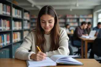 Jeune femme en bibliothèque universitaire en train de lire