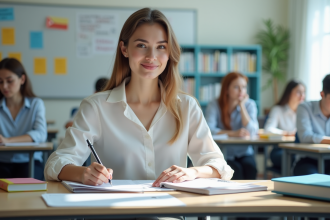 Jeune femme en classe prenant des notes avec sérieux
