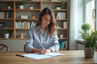 Jeune femme en bureau réfléchissant à son orientation