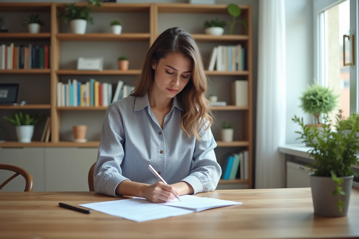 Jeune femme en bureau réfléchissant à son orientation
