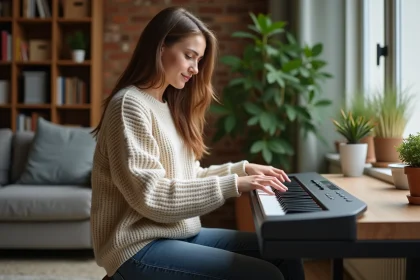 Jeune femme jouant du piano numérique dans un salon cosy