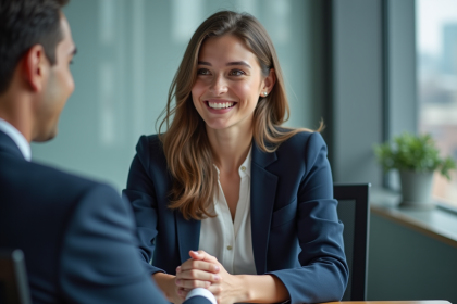 Jeune femme en réunion d'affaires souriante et confiante