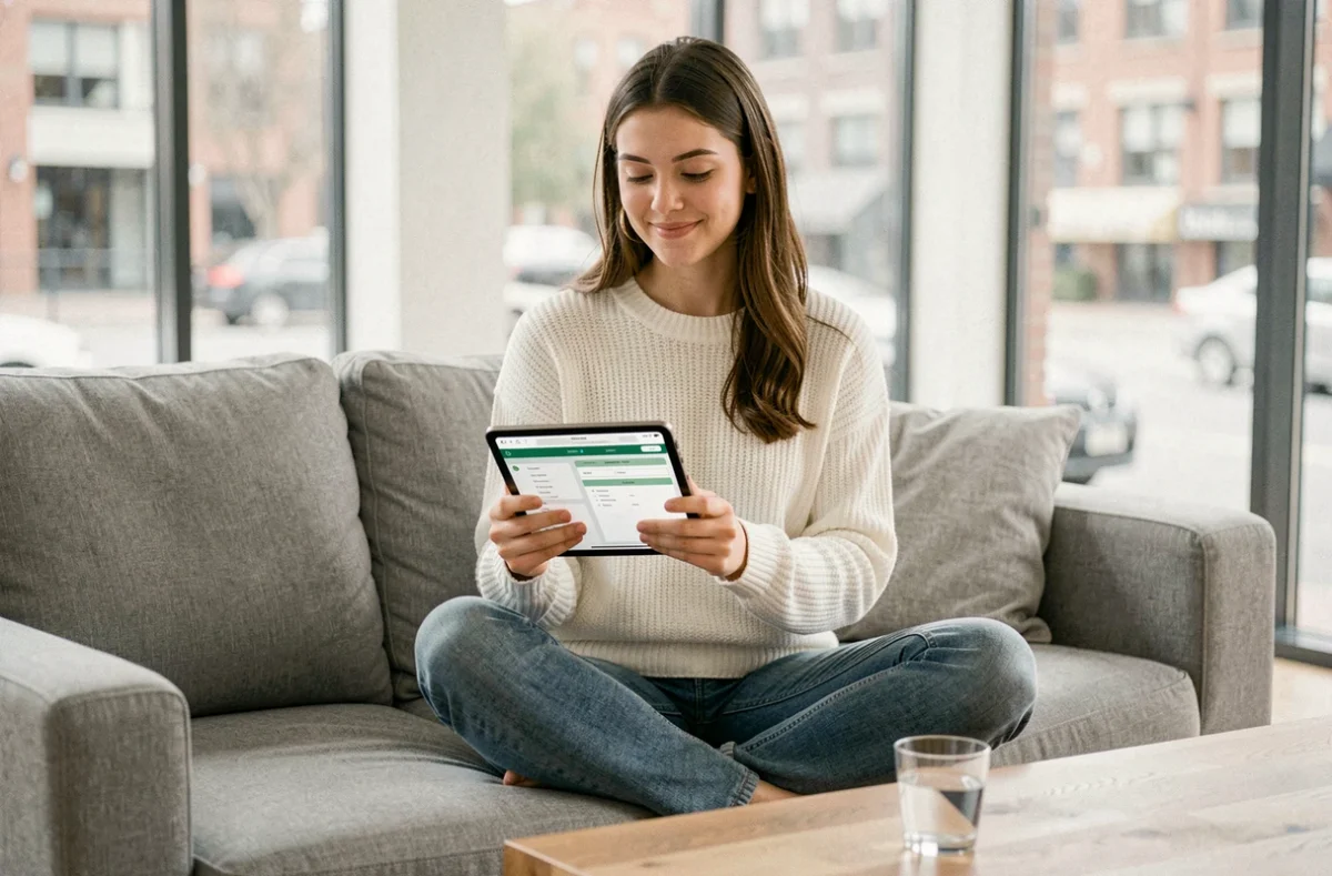 Jeune femme détendue révisant un test QI sur tablette dans un salon moderne sans stress