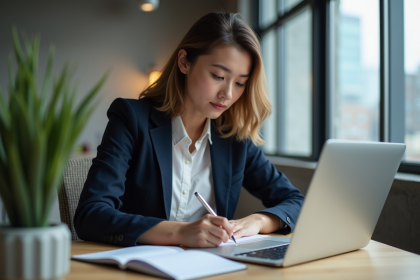 Jeune femme professionnelle travaillant sur un laptop dans un espace coworking